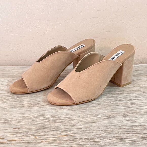 Steve Madden Sandals Slides Heels 6 Chance Tan Pink Taupe Stone Suede Leather - Picture 1 of 11